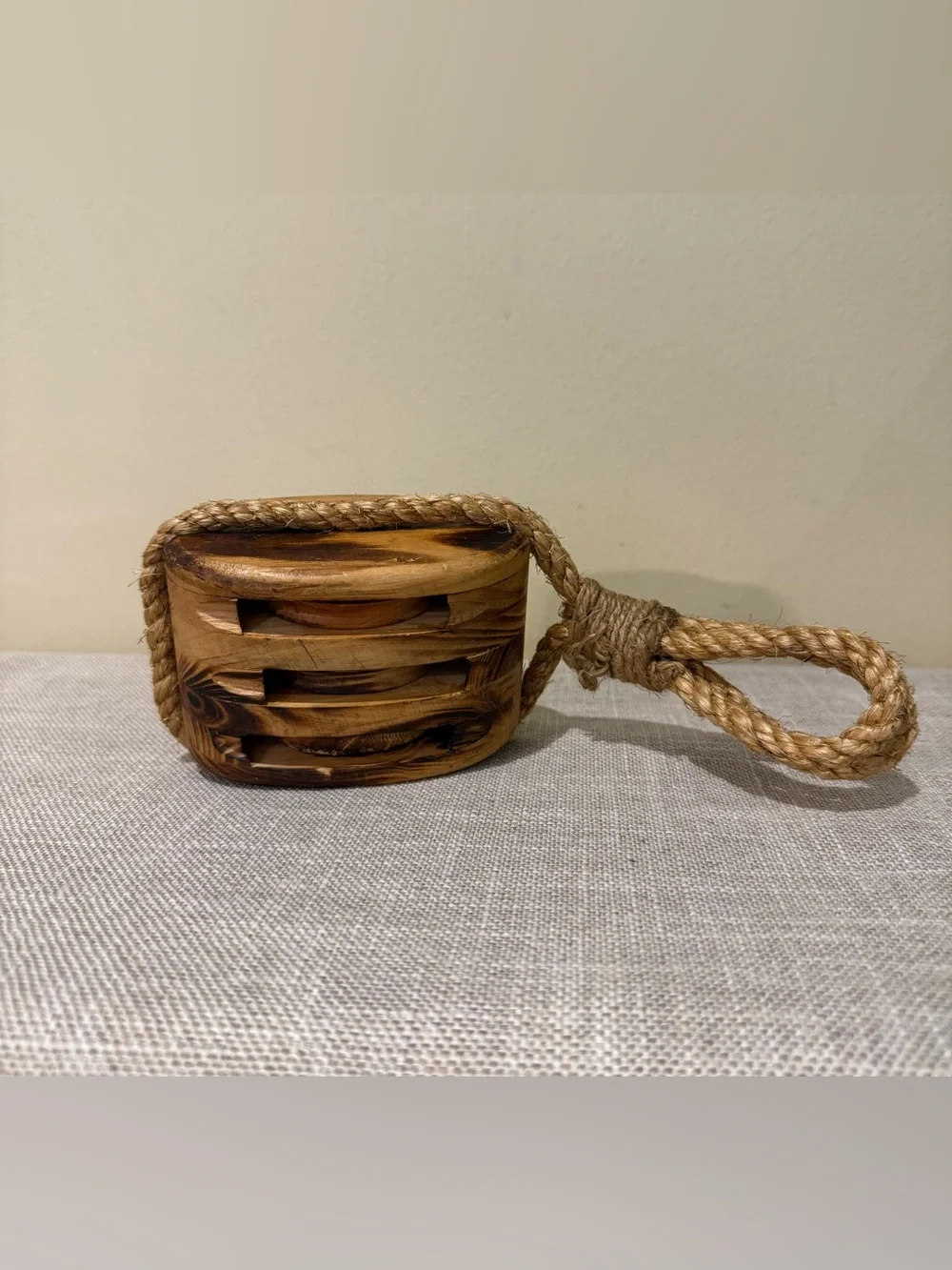 Vintage Wood Triple Sheave Pulley Block Nautical Decor⁠